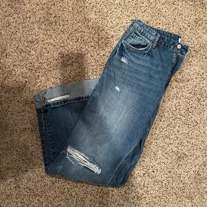 Blue Flare Wide Leg Jeans with Distressed Details